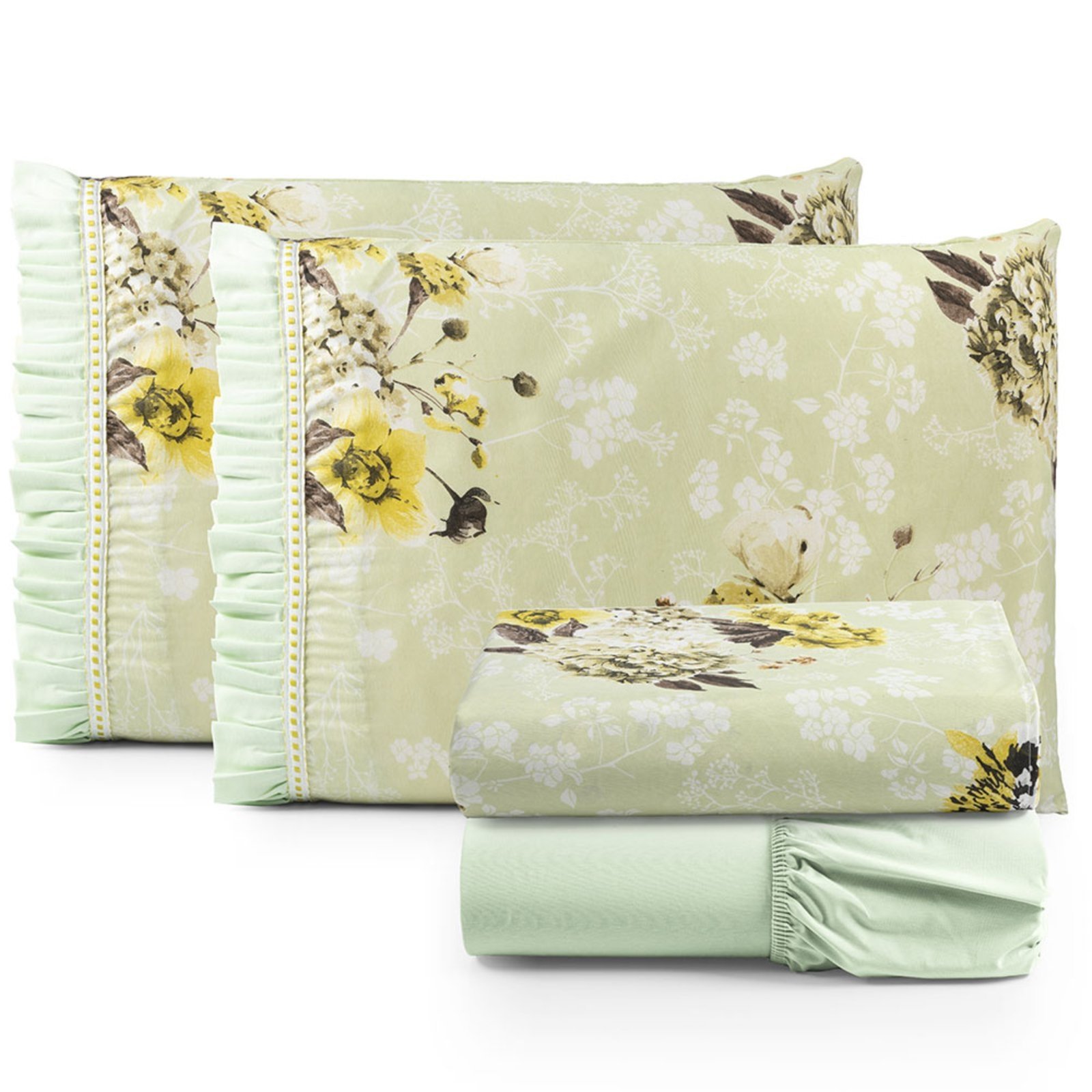 Jogo Cama Lençol Fiore Casa Scarpa Casal Padrão Estampado 180 Fios 100% Algodão com Babadinho 4 Peças Verde Floral
