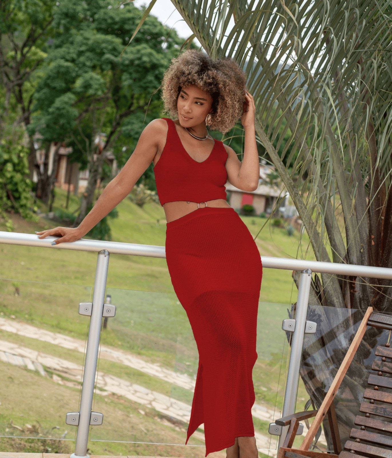 Vestido Cherry Line Tricot Longo Alça Abertura Cintura Fenda Textura Vermelho