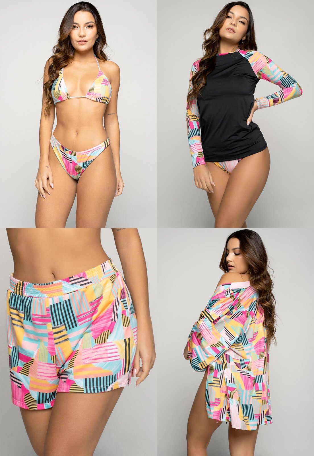 Combo Vicbela Biquini Cortininha Calcinha Comum Estampado + Blusa Feminina Segunda Pele Proteção UV 50+ Manga Longa + Short Curto Estampado + Saída de Praia Kimono Moda Praia Verão
