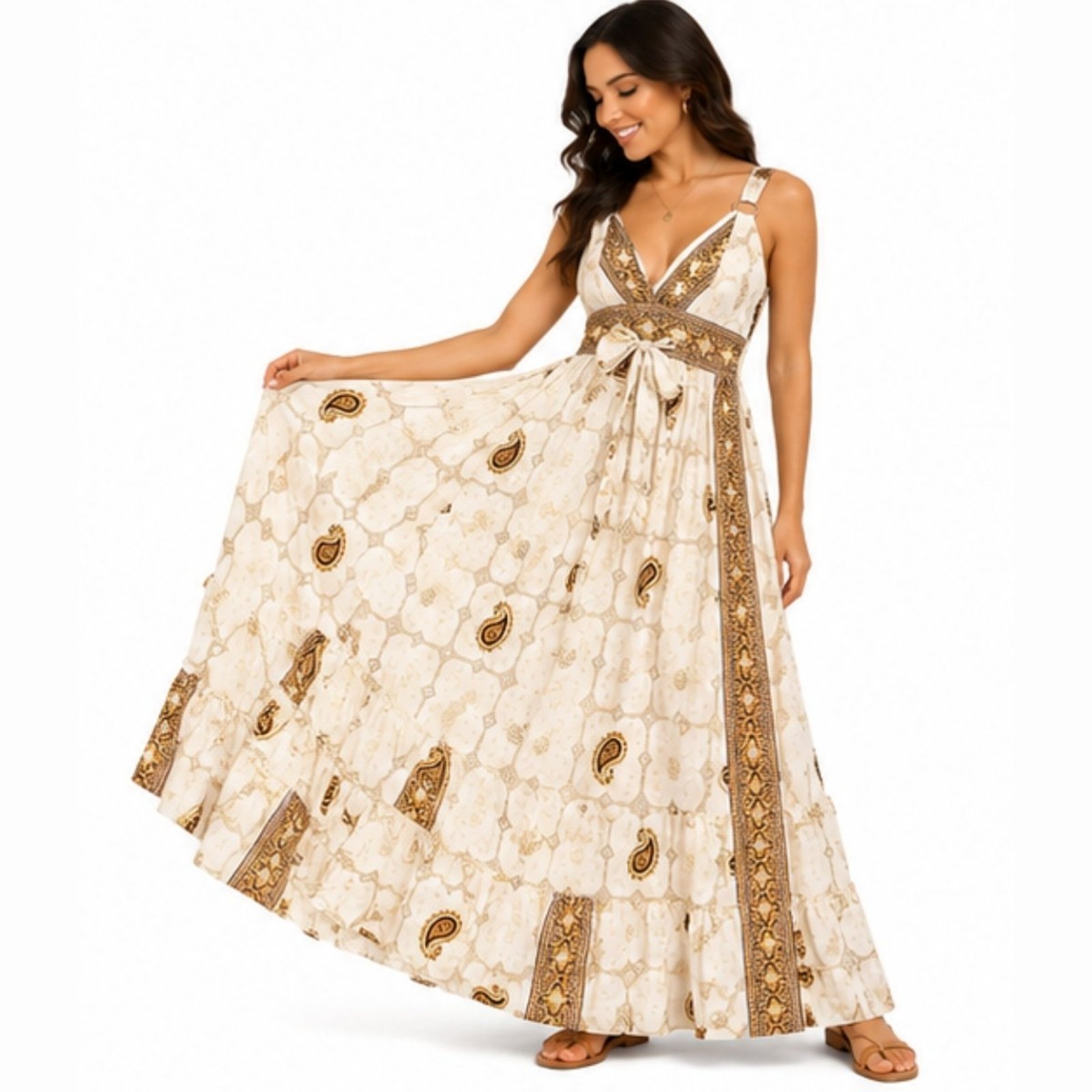 Vestido Longo Indiano Feminino Estampado Decote V com Lastex Branco