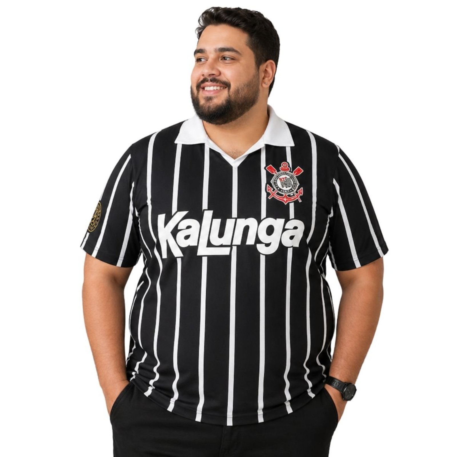 Camiseta Corinthians Listrada Kalunga Retrô Masculina Time Futebol Preto