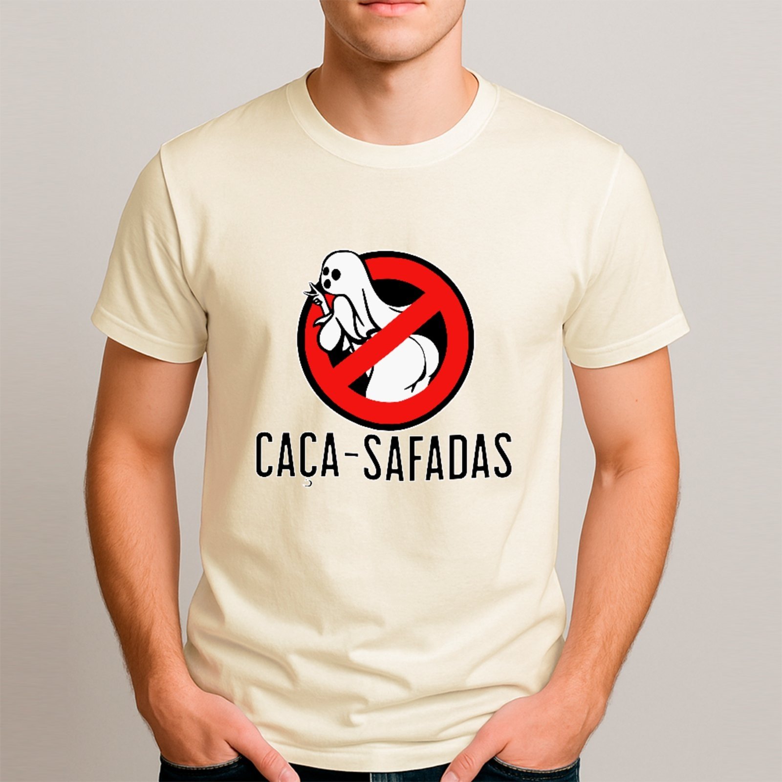 Vista 2 Camiseta Ousy Básica Caça Safadas Meme Carnaval Solteiro Unissex Off White off-white white ousy off-white white