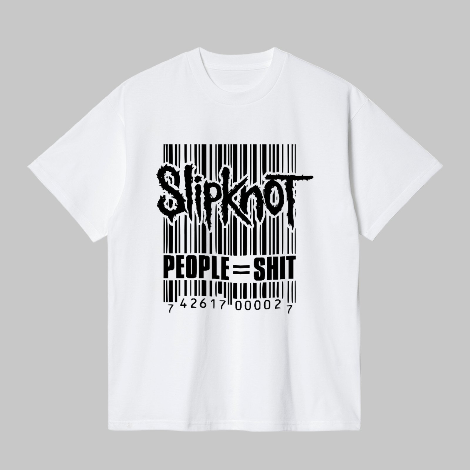 Camiseta Básica Slipknot People Estampa Código de Barras Rock Metal Unissex Branco