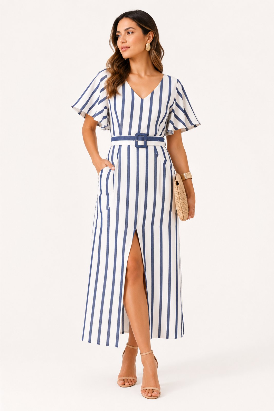 Vestido Midi D Bell Outlet Fashion Listras Azul