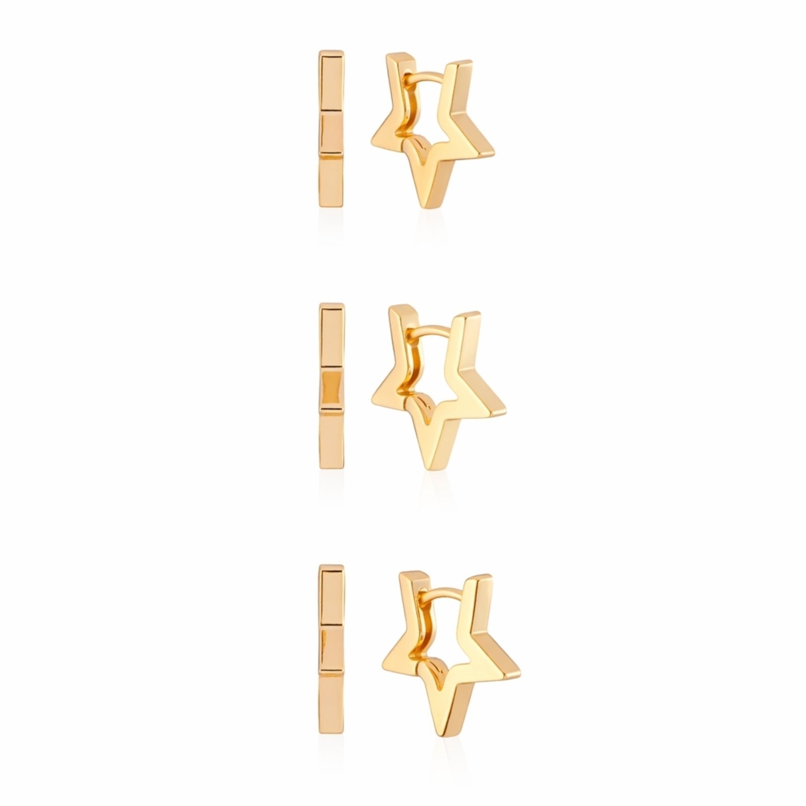 Brinco Trio Argolas Estrelas Lisas Banhado a Ouro 18k