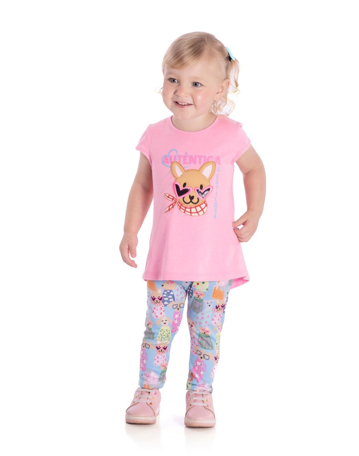 Infantil - Conj. blusa manga curta rosa + calça legging malha modal estampada