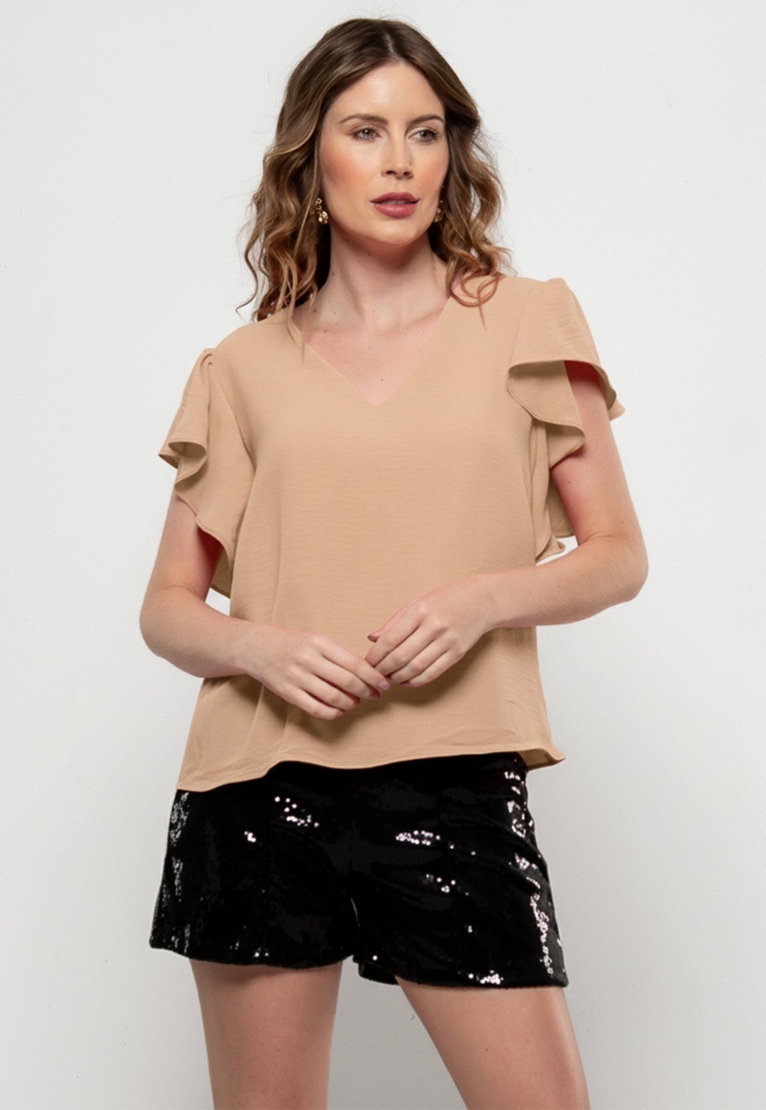 Blusa Bisô Manga Babado Lisa Bege – Bege