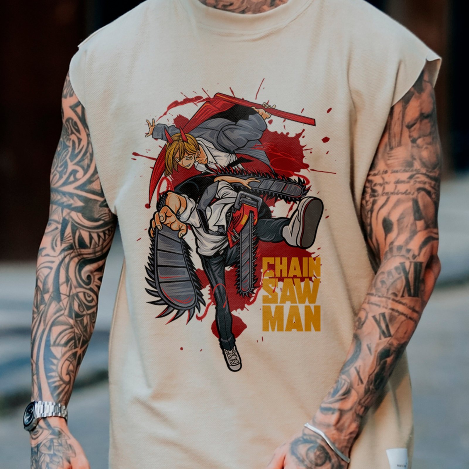 Camiseta Regata Machão Denji Combate Extremo Chainsaw Man Geek Masculina Off White