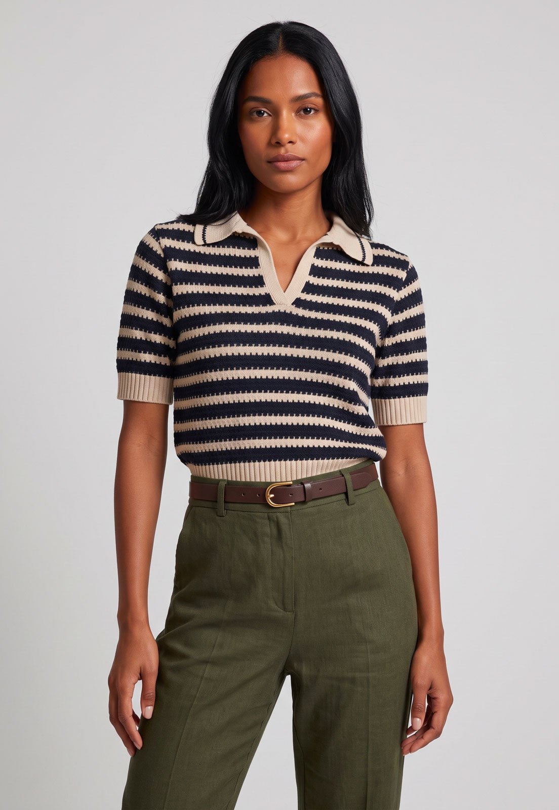 Blusa Polo Feminina Cantão Tricot Listrada Azul
