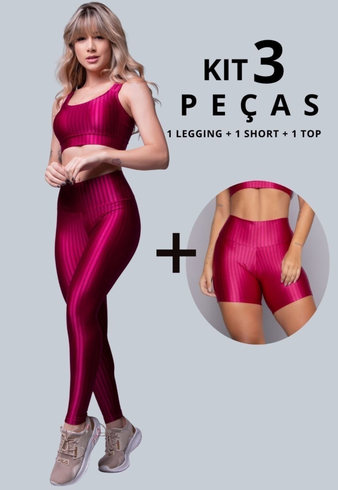 Combo WLS Modas Kit 3 Peças Fitness Feminino Conjunto Academia com Legging, Short e Top Bojo Removivel em New Zig Brilhoso Rosa