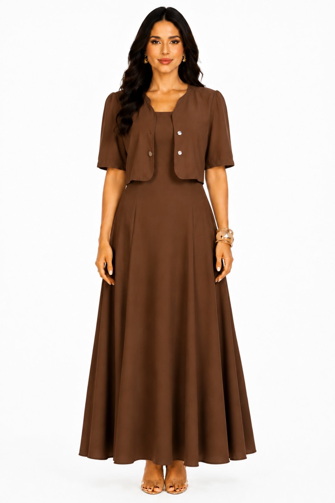 Conjunto Duas Peças Vestido Longo e Bolero D Bell Outlet Fashion Marrom