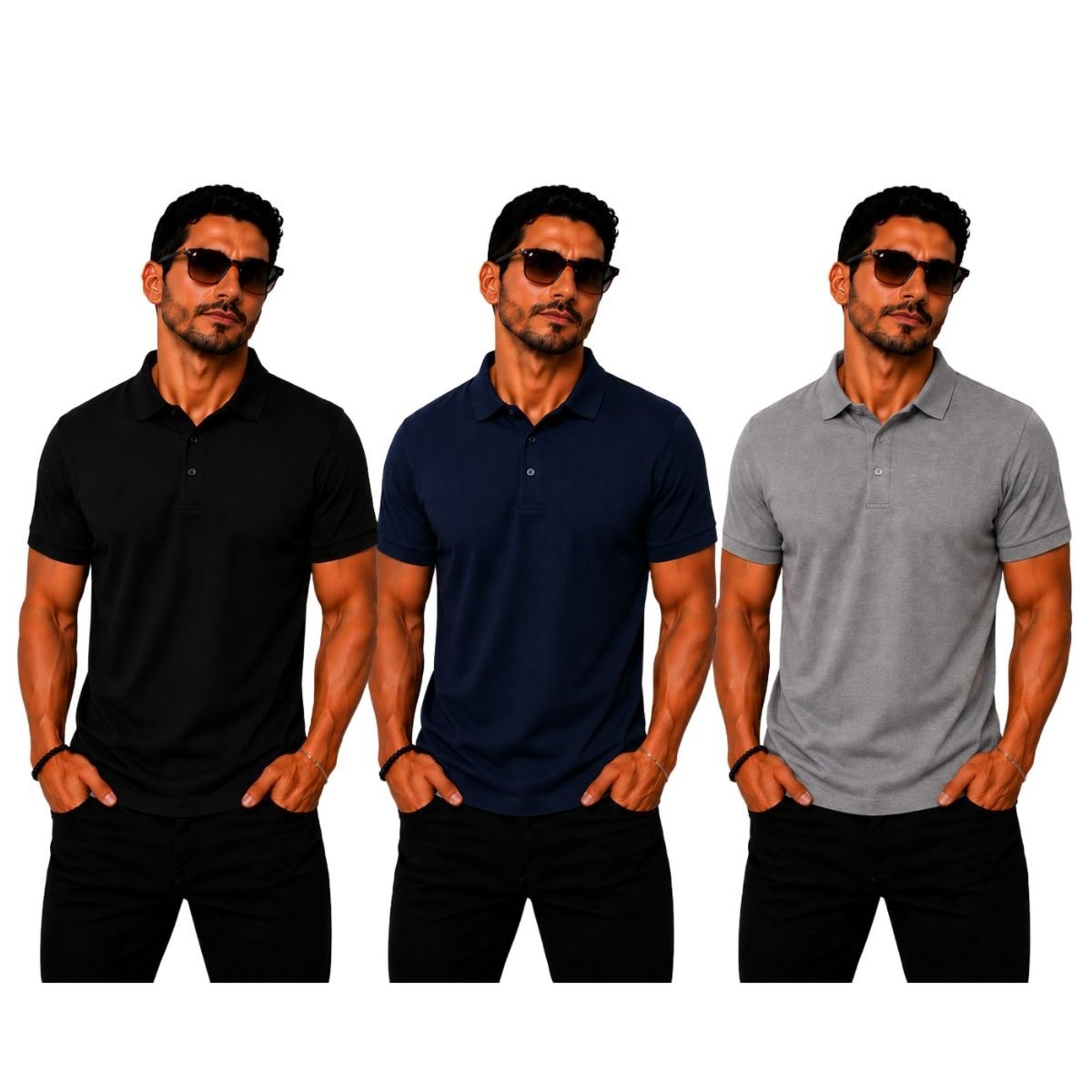 Kit 3 Camisas Polo Poliamida Masculina Básica Premium Multicolorido