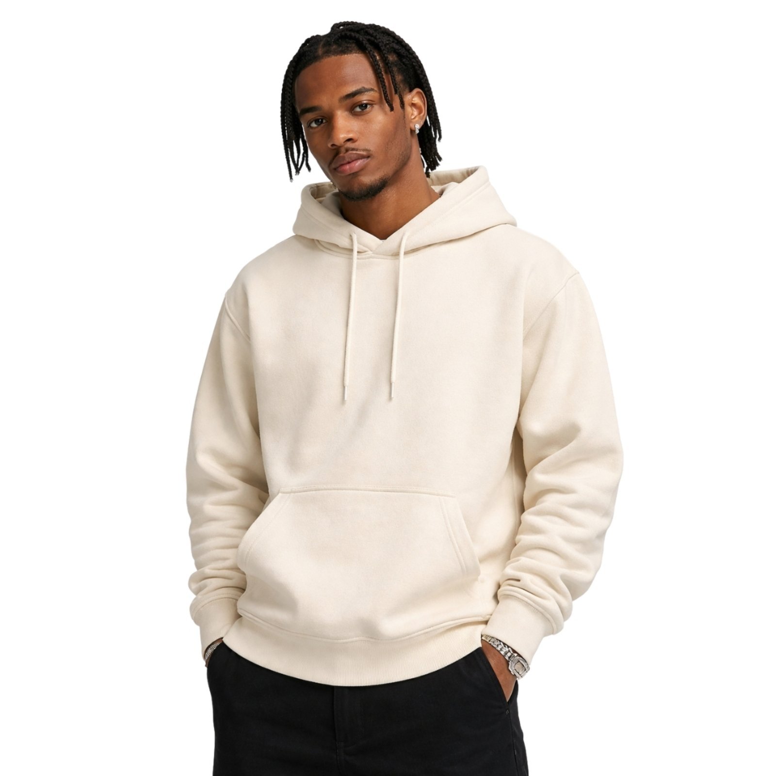 Moletom Relaxado Masculino Canguru Liso Confortável OffWhite