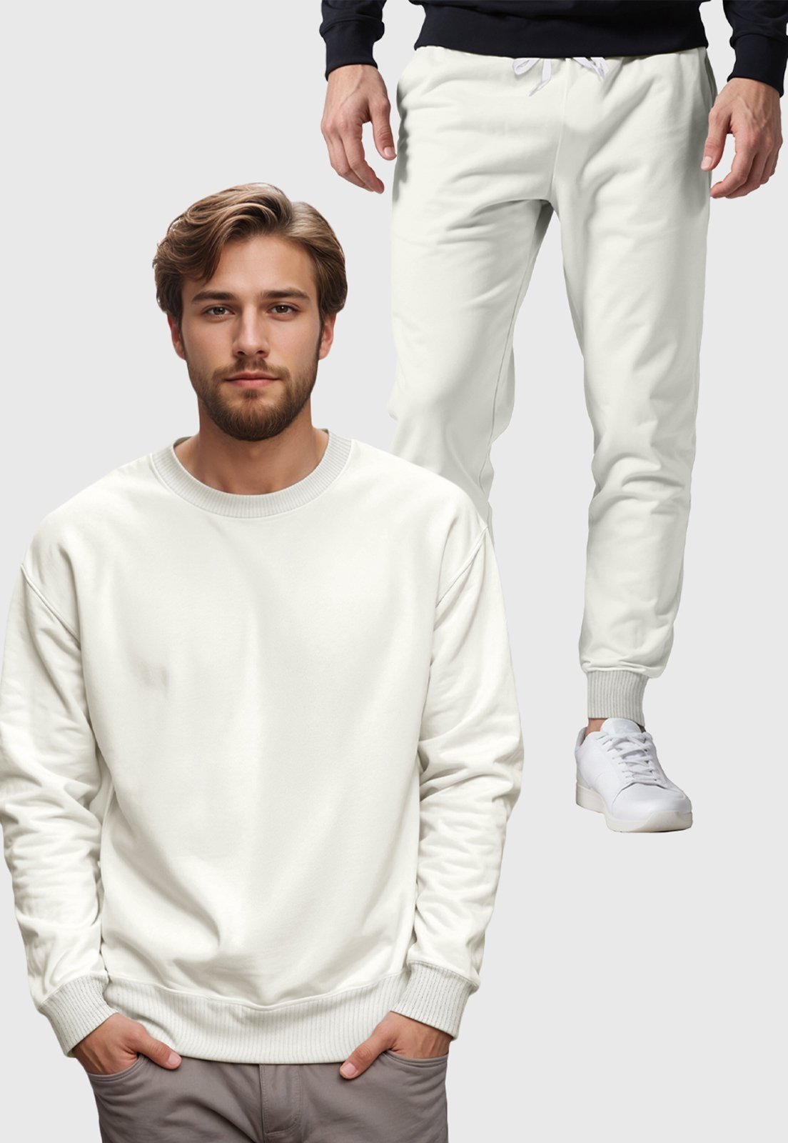 Conjunto Moletom Liso Gola Redonda e Calça Masculina Benellys Off White
