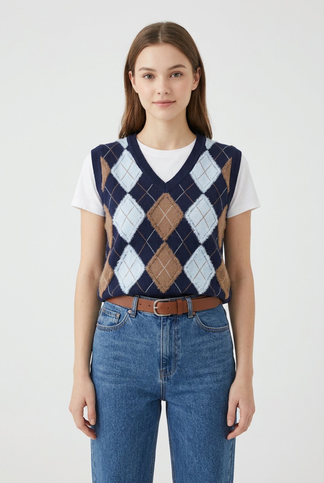 Colete Tricôt D Bell Outlet Fashion Argyle Preppy Azul Marinho