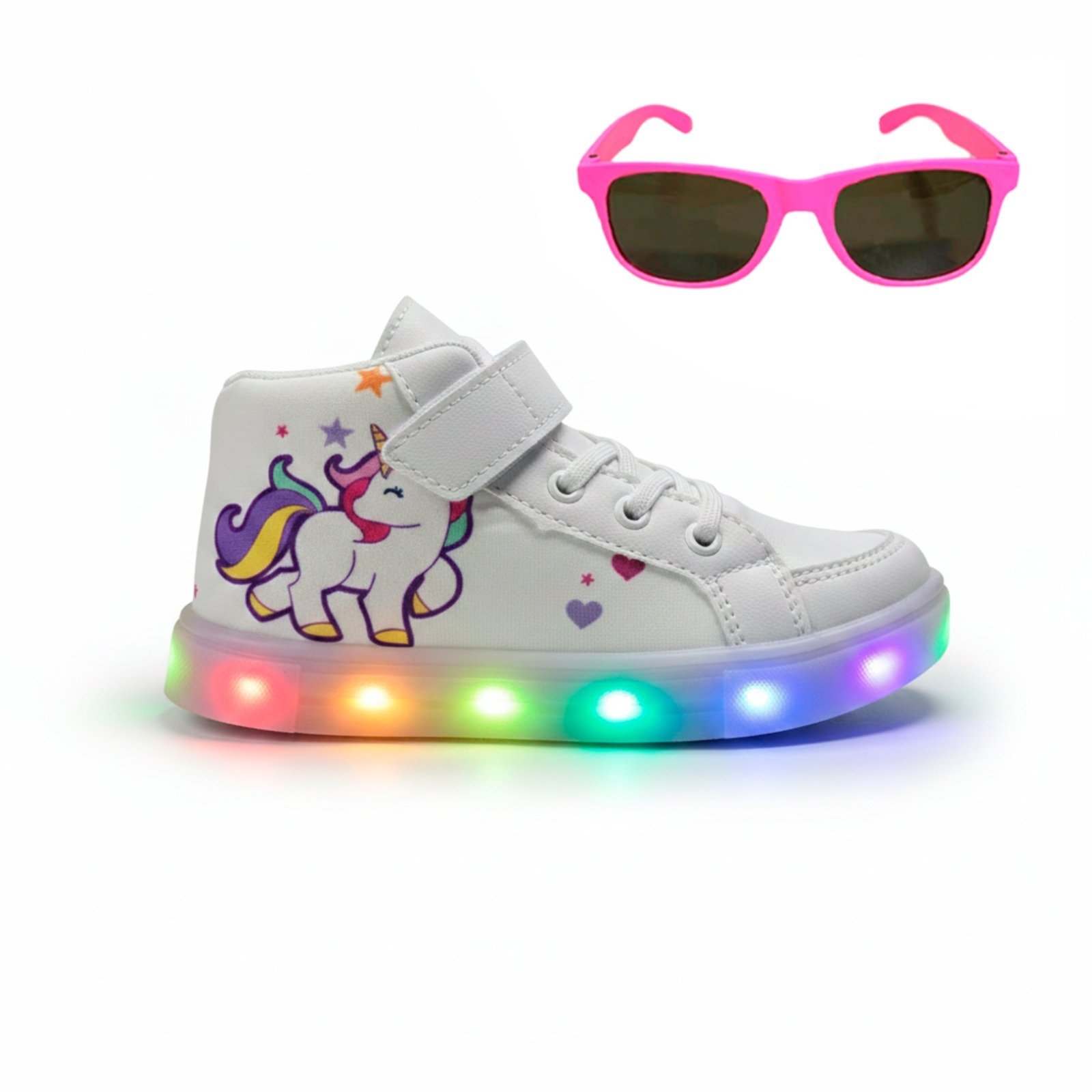 Vista 2 Infantil - Kit com Botinha de Led Unicórnio para Meninas Confortável + Óculos Escuros - Ideal para Uso Diário e Escolar CALCADOS LGHT LIGHT branco CALCADOS LGHT LIGHT branco