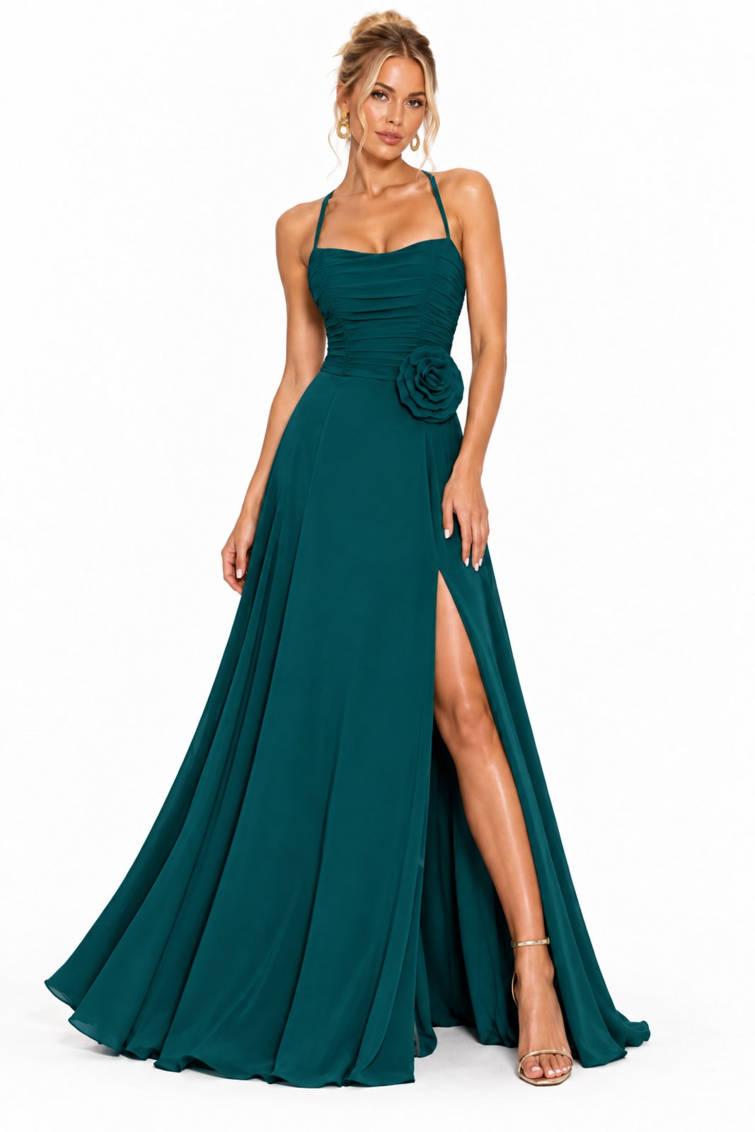 Vestido Longo D Bell Outlet Fashion Elegance Flower Verde Petróleo