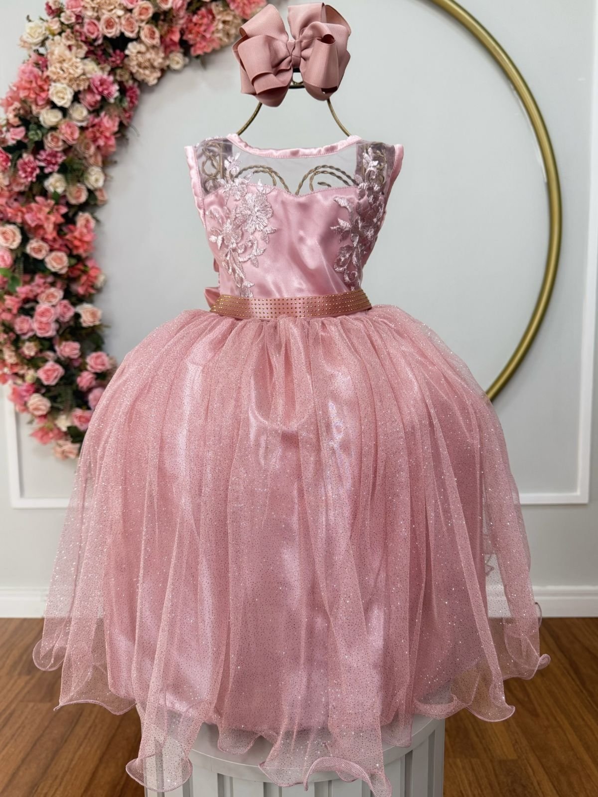 Infantil - Vestido Festa Rosa Rosé Nude Amêndoa Formatura Casamento Renda Dama Daminha Florista Social Menina Juvenil Pérolas Princesa Rodado Aniversário Luxo