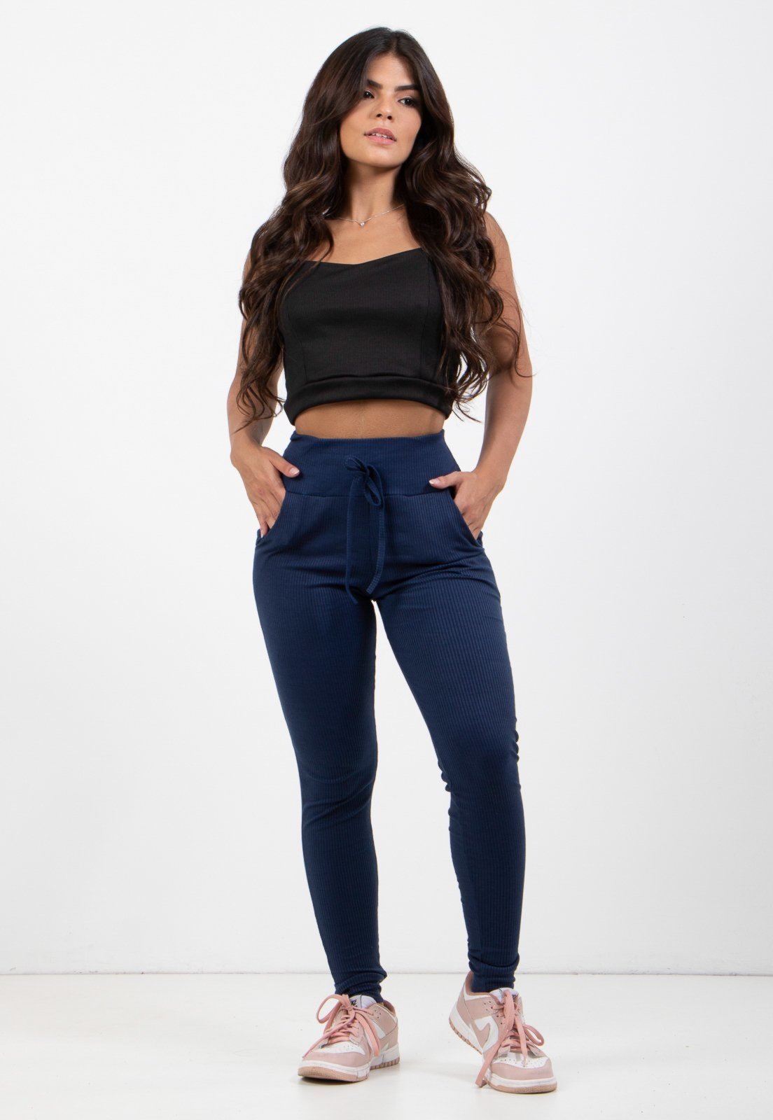 Calça Jogger Diluxo Moletom Canelada Azul Marinho