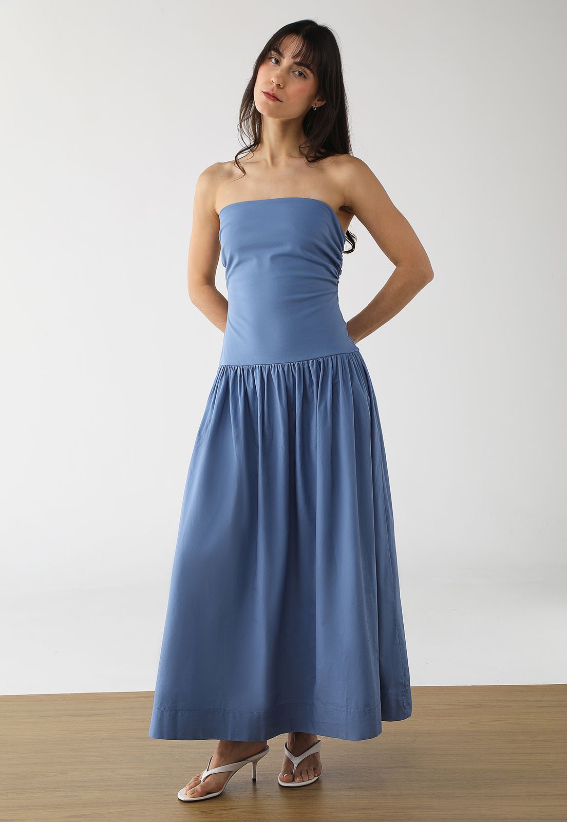 Vestido Farm Longo Saia Franzida Azul
