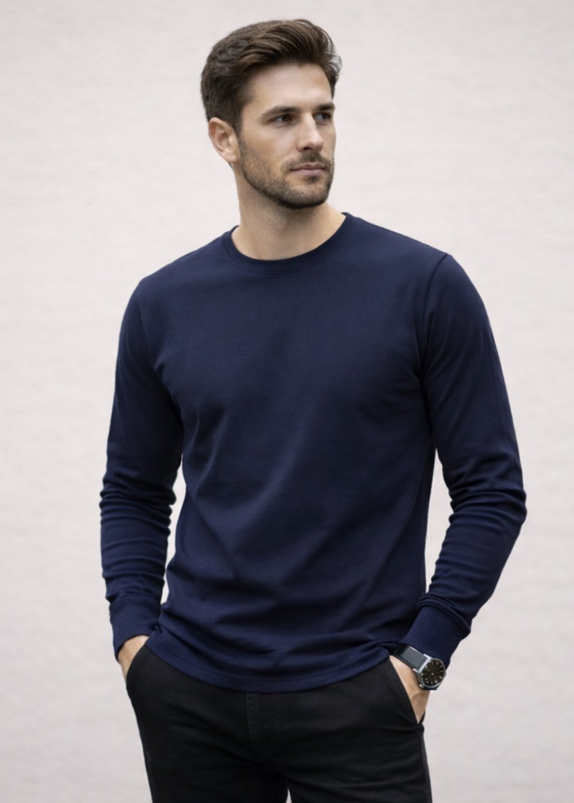 Camiseta Básica Manga Longa Masculina Slim Confortável - Azul Marinho