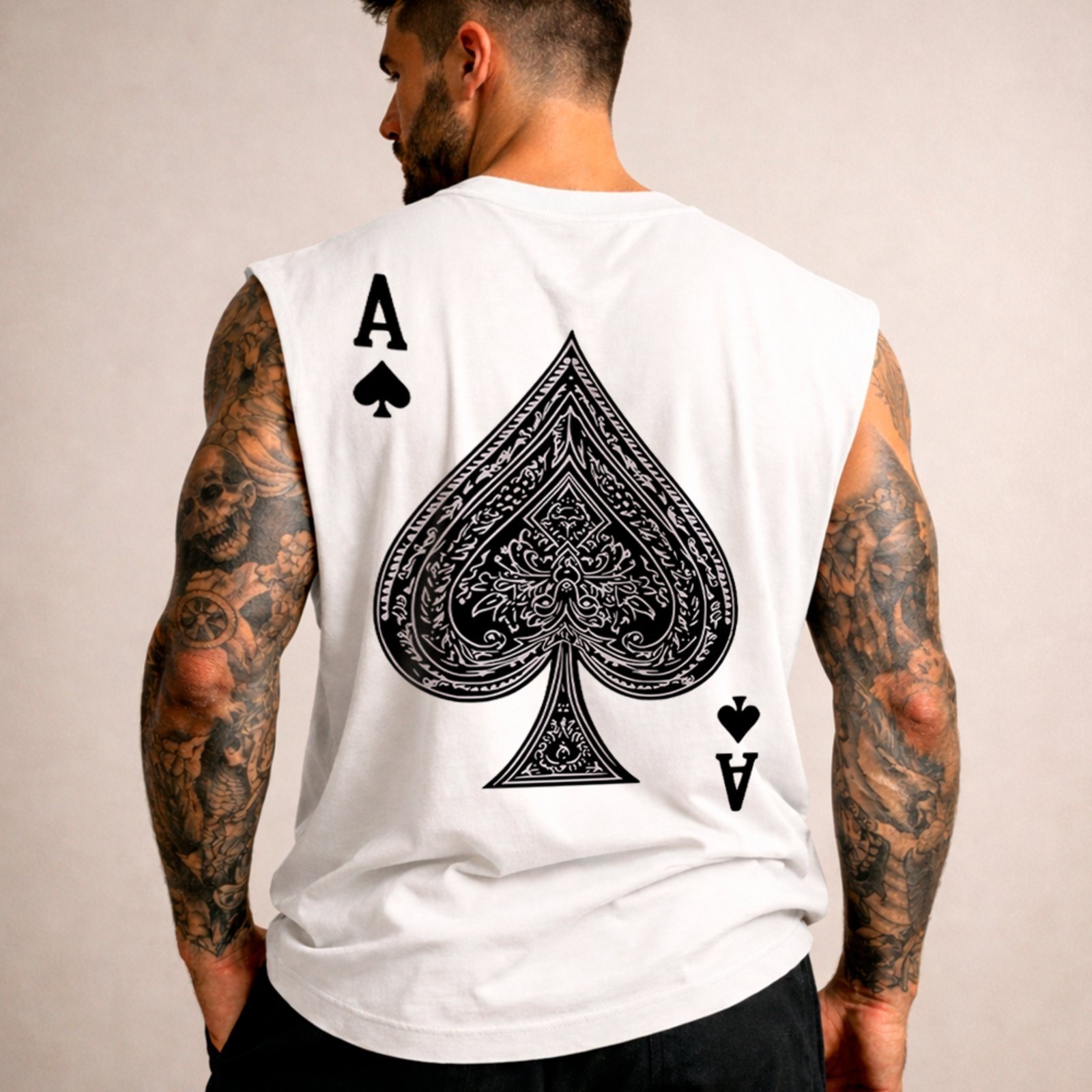 Camiseta Regata Machão Carta Ás Espadas Minimalista Poker Branco