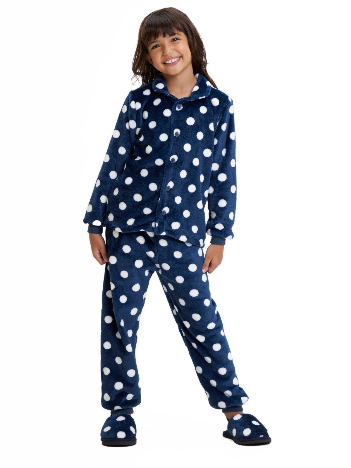 Pijama Americano em Fleece Unissex Magicamente Poá Azul