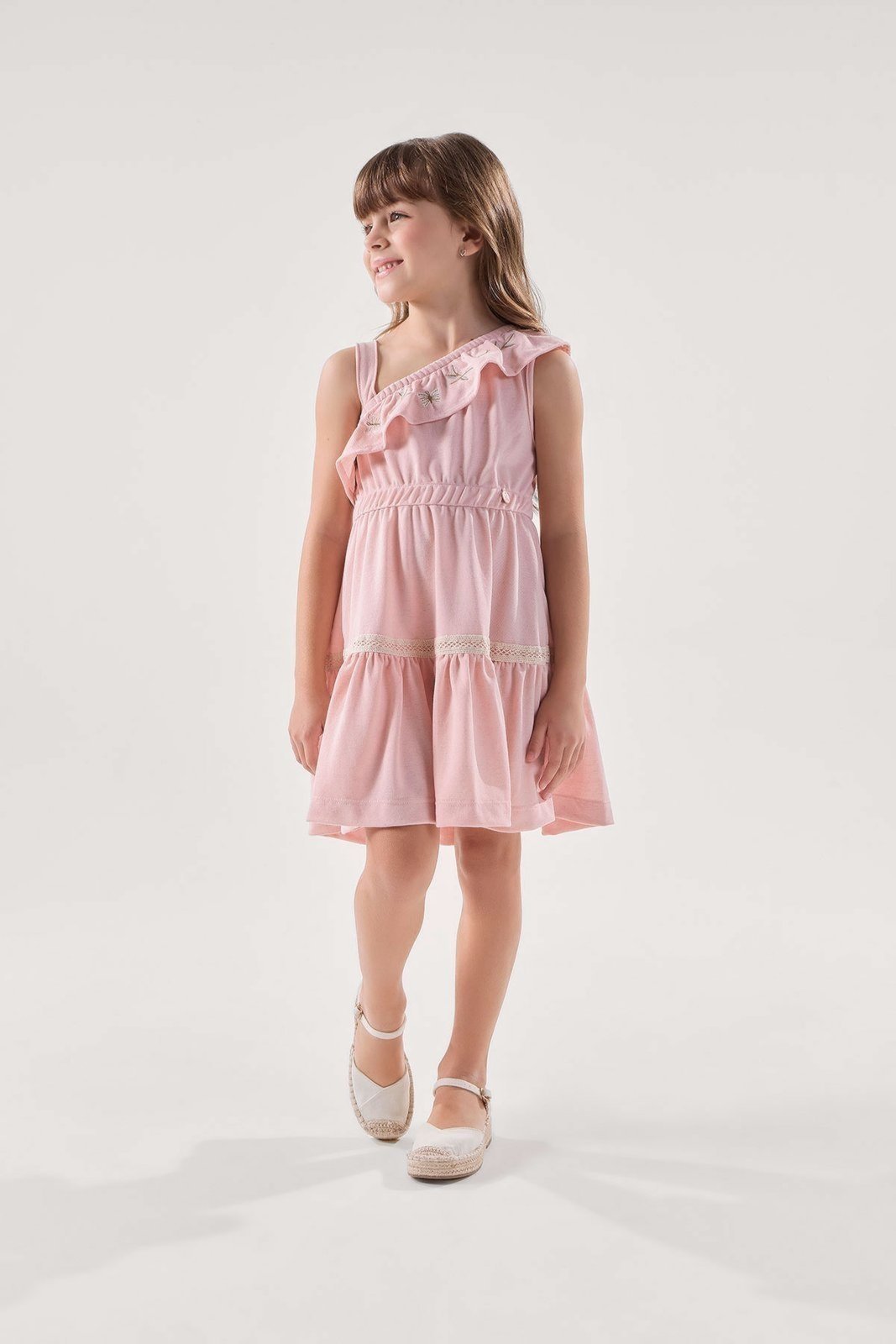 Infantil - Vestido Rosa em Malha com Textura e Bordado