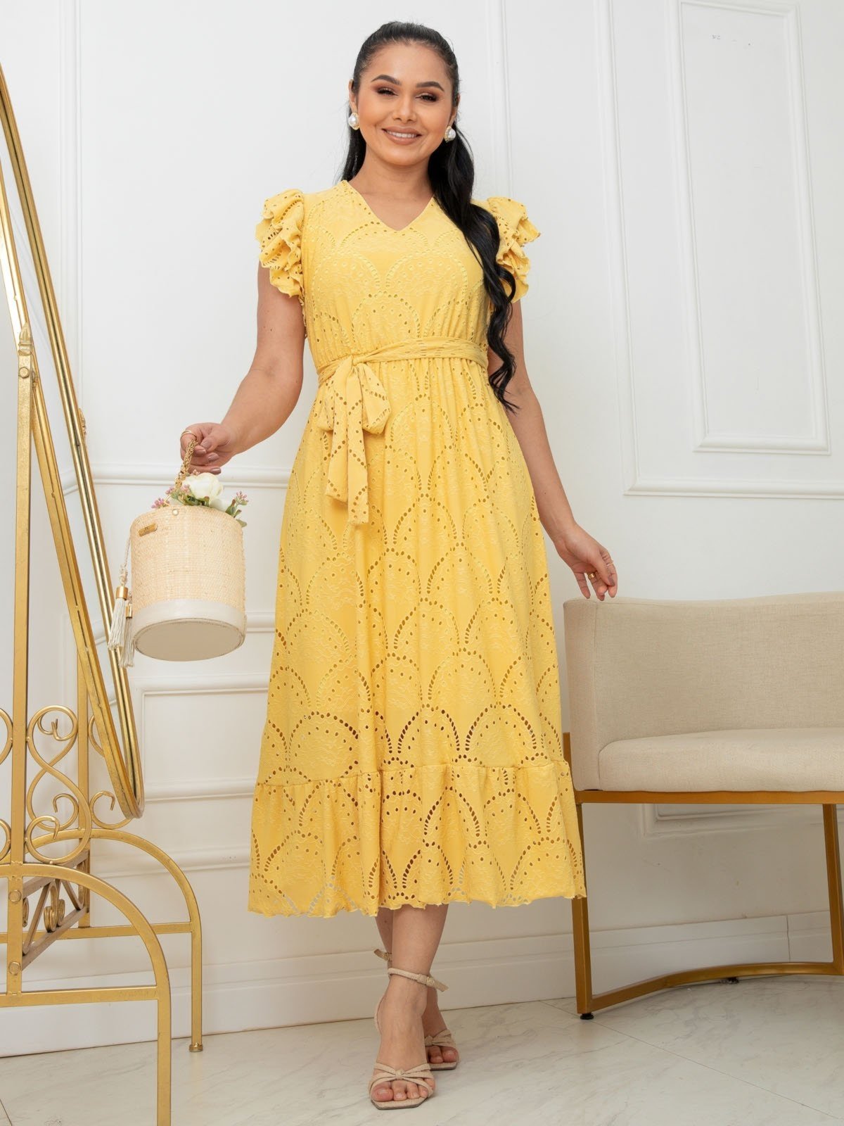 Vestido Lasie Longo Manga curta com Babados BARSONS Confortavel e Casual Amarelo
