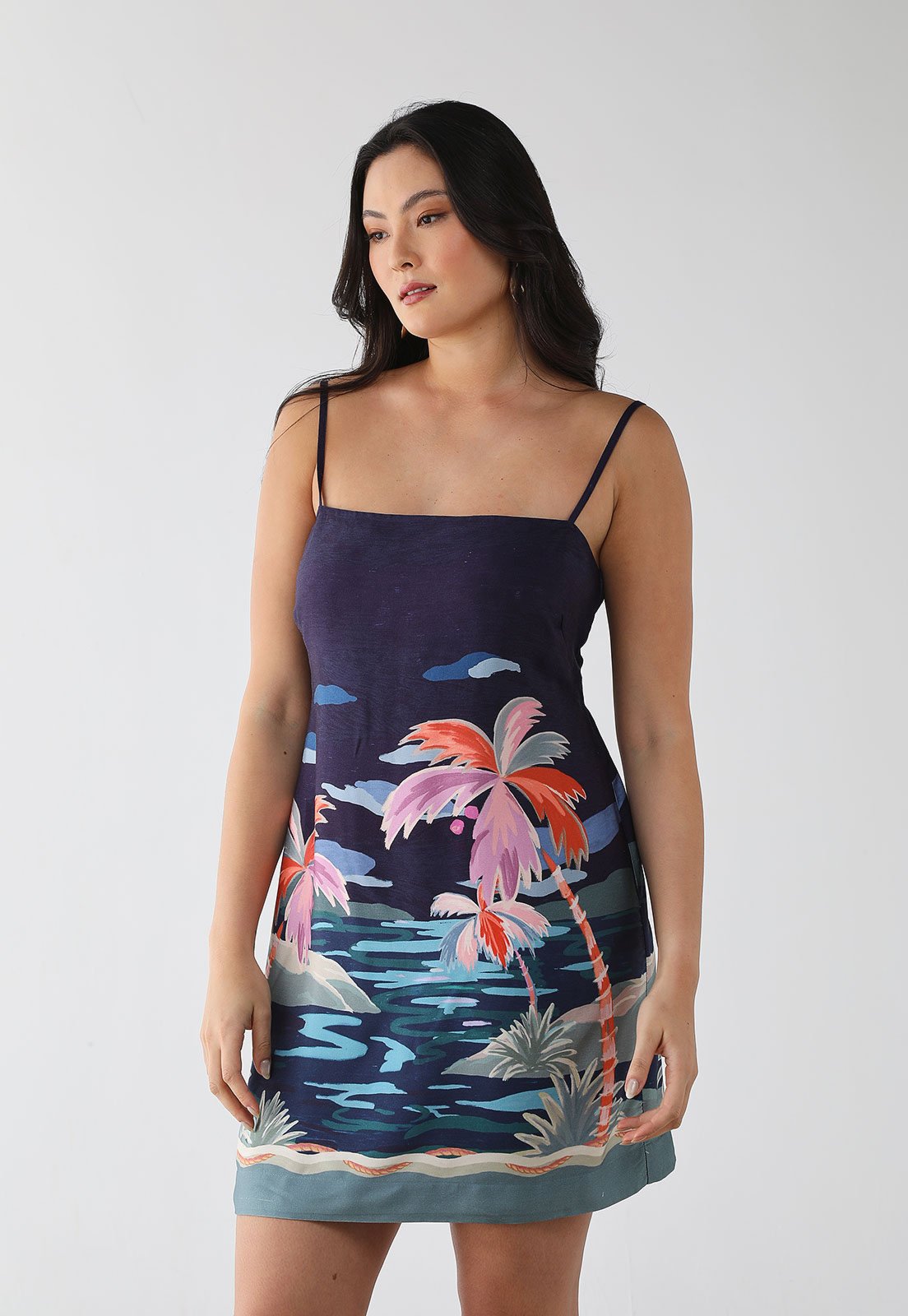 Vestido Feminino FARM Estampa Tropical Paisagem Azul Marinho