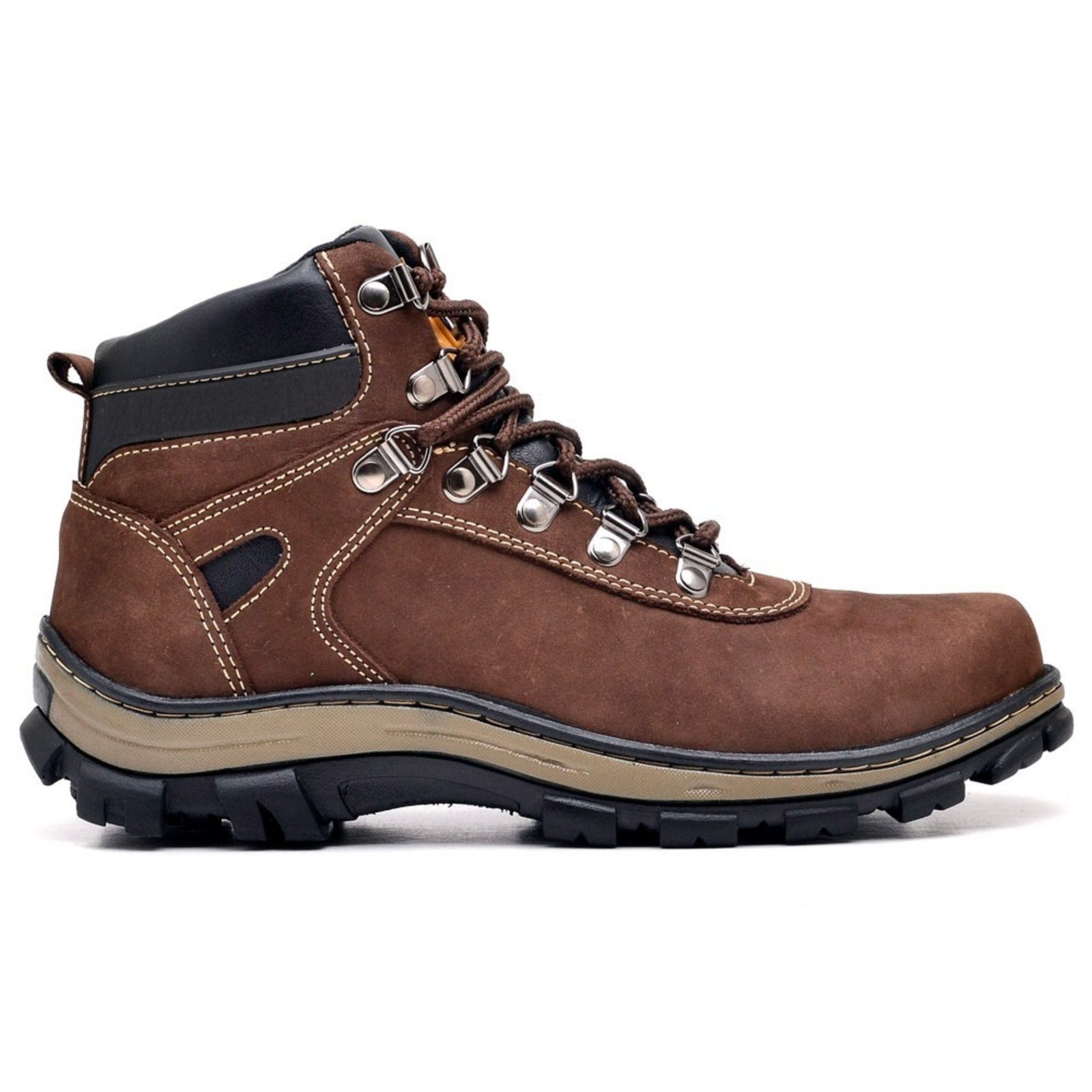 Coturno Adventure Bota Couro Masculina Cano Médio Atacador Solado Tratorado Borracha Antiderrapante Resistente Conforto Café