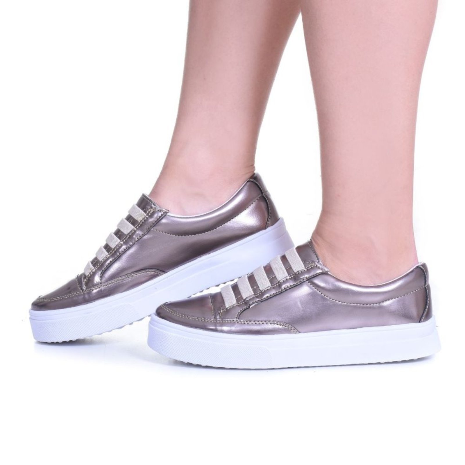 Tênis Feminino Casual Flatform Metalizado Prata Velha