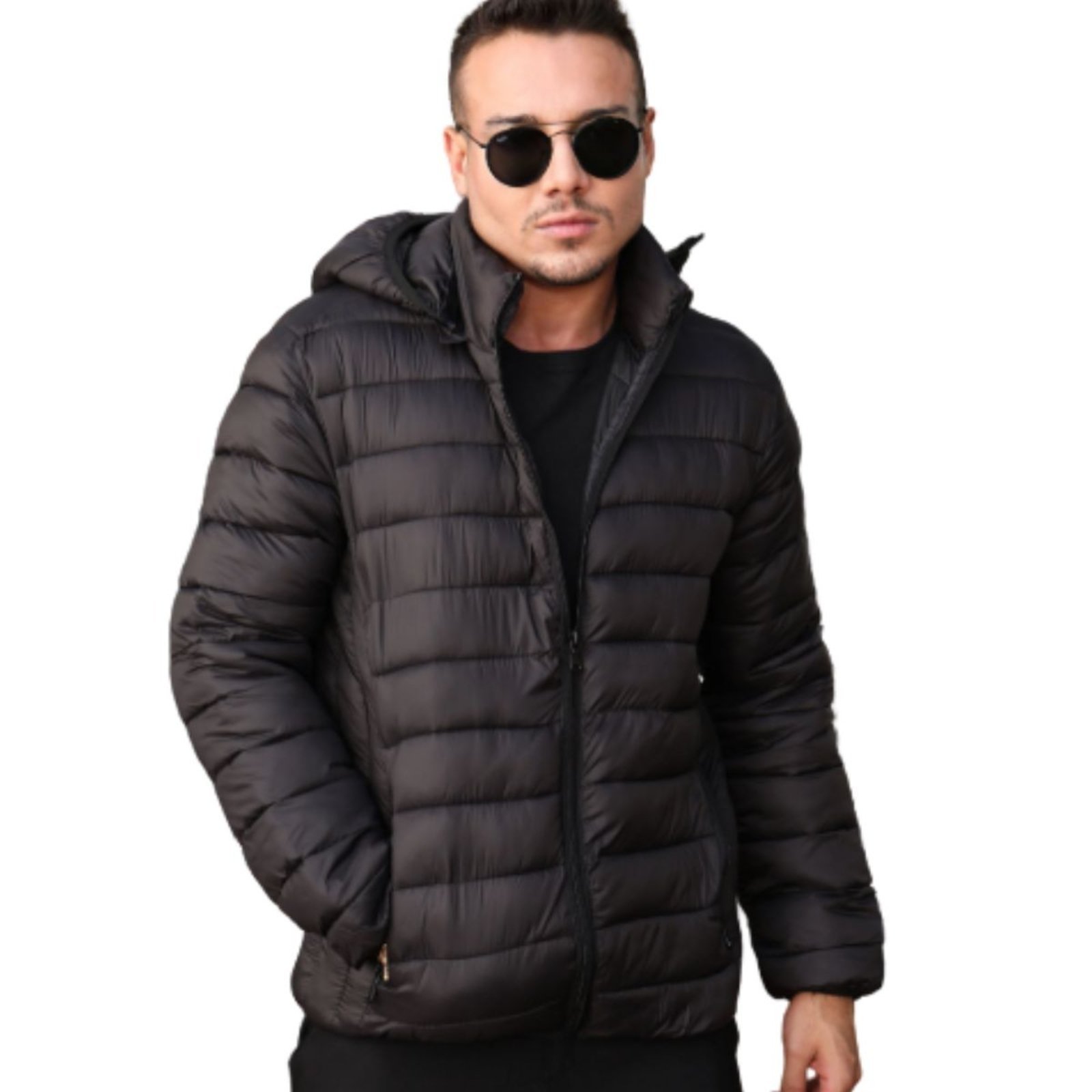 Jaqueta FMF Masculina Puffer Com Capuz Plus Size Blusa Frio Impermeável Preta Preto