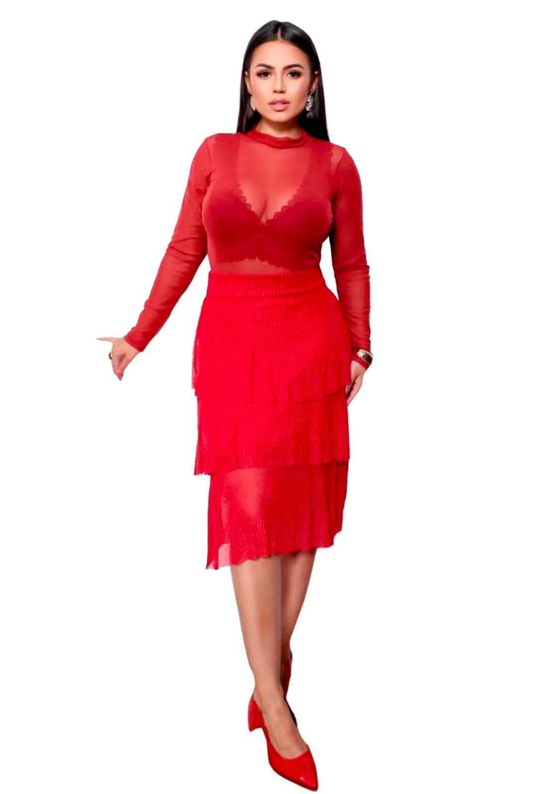 Body Tule Ywc ind Transparencia Manga Longa Com Fecho Vermelho
