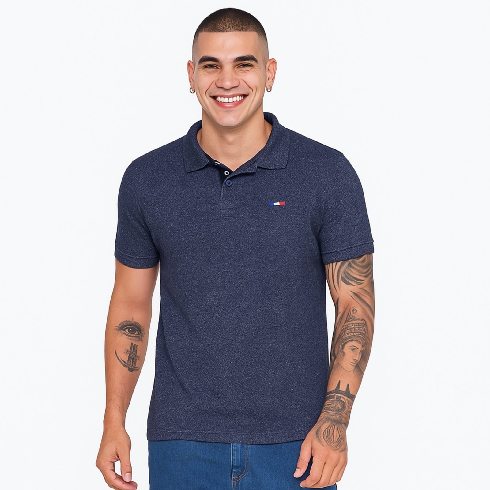 Vista 2 Camisa Polo Masculina Básica Industrie Piquet no Estilo Tommy Bordado França Marinho Mescla azul marinho Industrie azul marinho