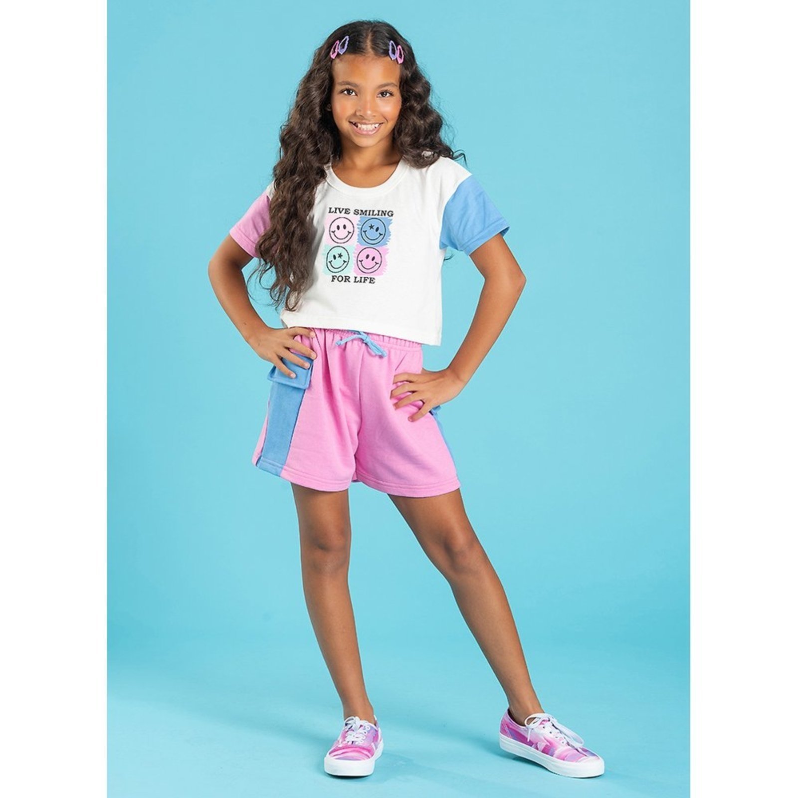 Vista 2 Infantil - Conjunto Verão Menina Natural Cropped E Shorts Com Lapela Live Smiling For Life Molekada bege natural Molekada bege natural