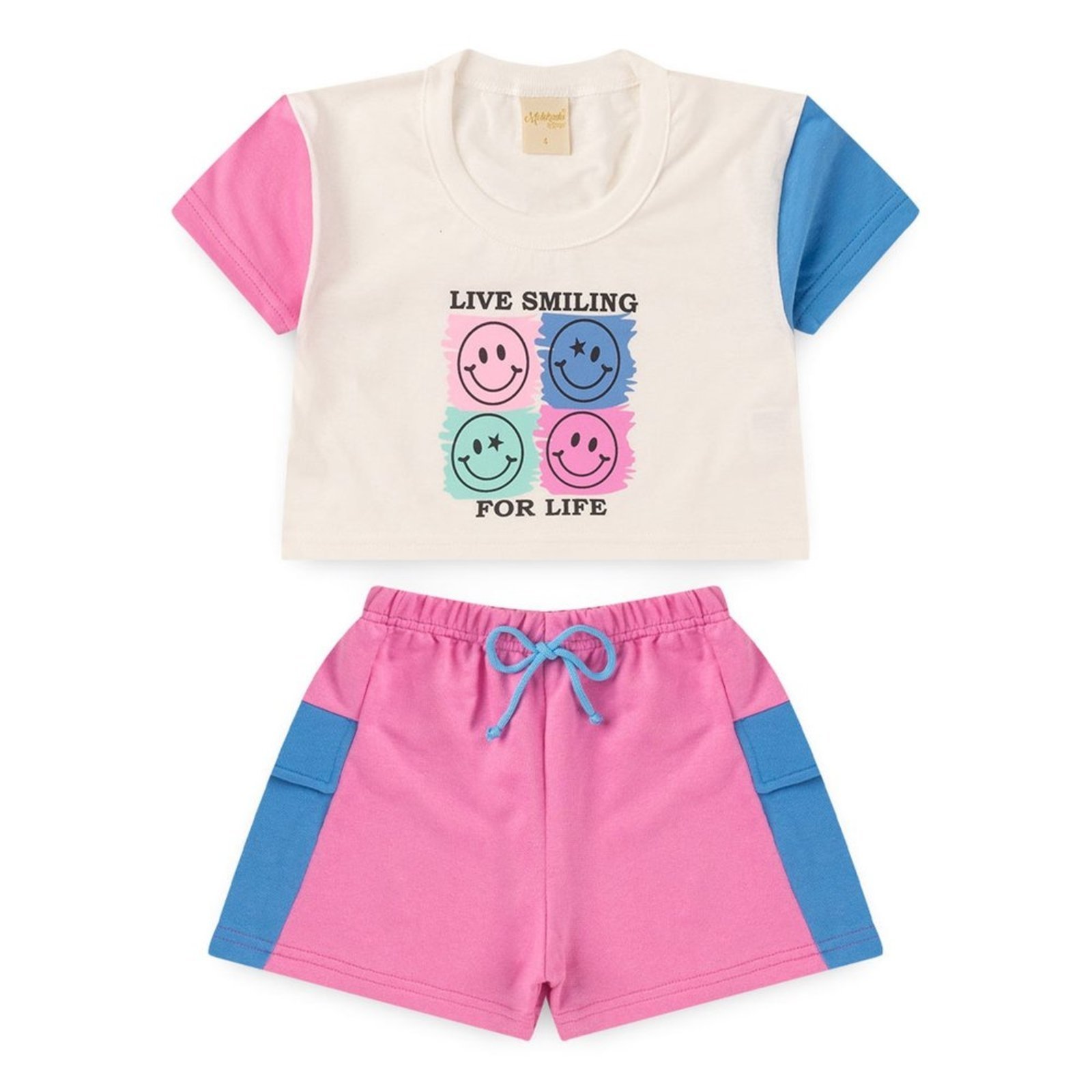 Vista 3 Infantil - Conjunto Verão Menina Natural Cropped E Shorts Com Lapela Live Smiling For Life Molekada bege natural Molekada bege natural