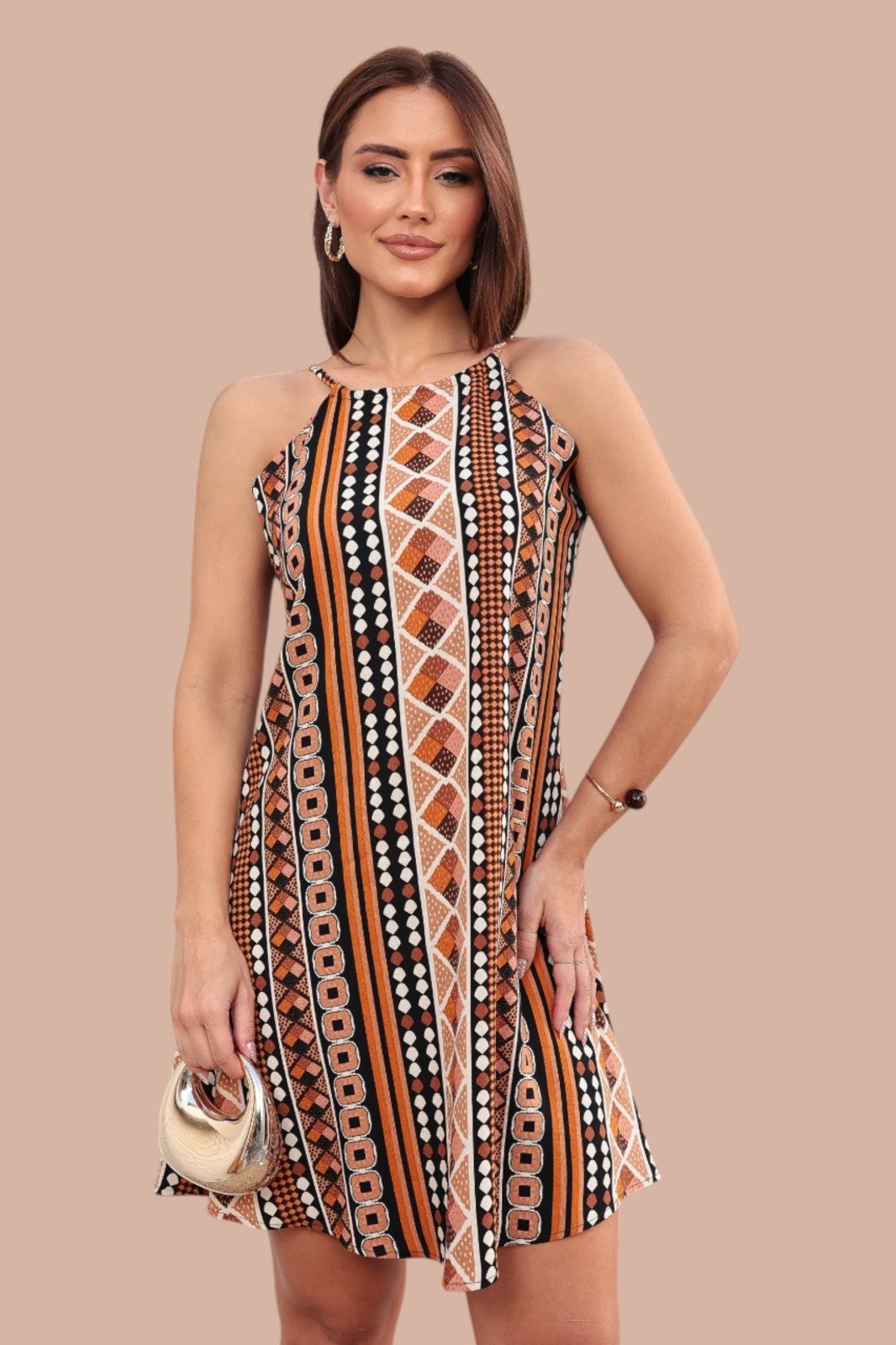 Vestido Curto Ícone Fashion Lenço Chic Estampa Terra Nômade