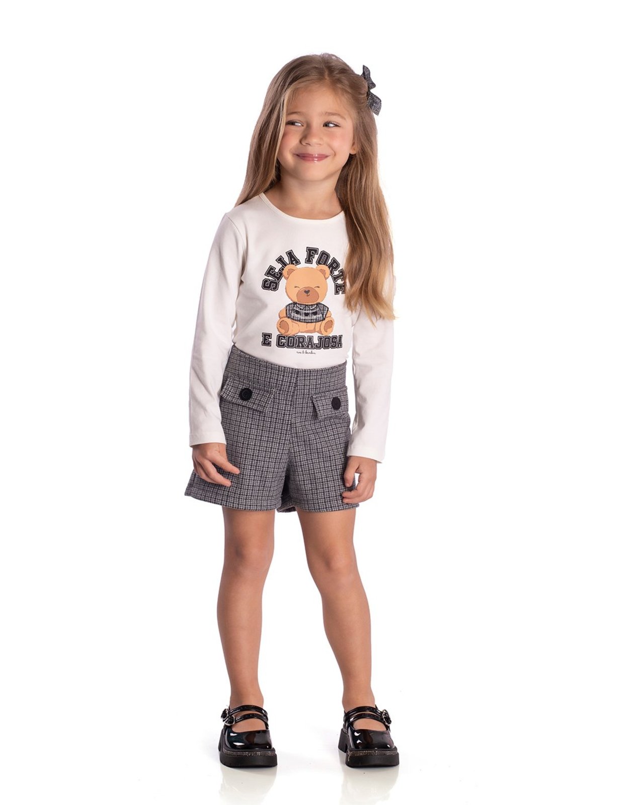 Infantil - Conj. blusa manga longa off white + shorts lã mini pied poule