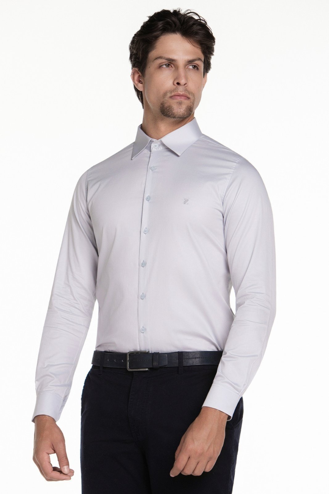 Camisa Tricoline Acetinada Slim Manga Longa Cinza - Zaiko