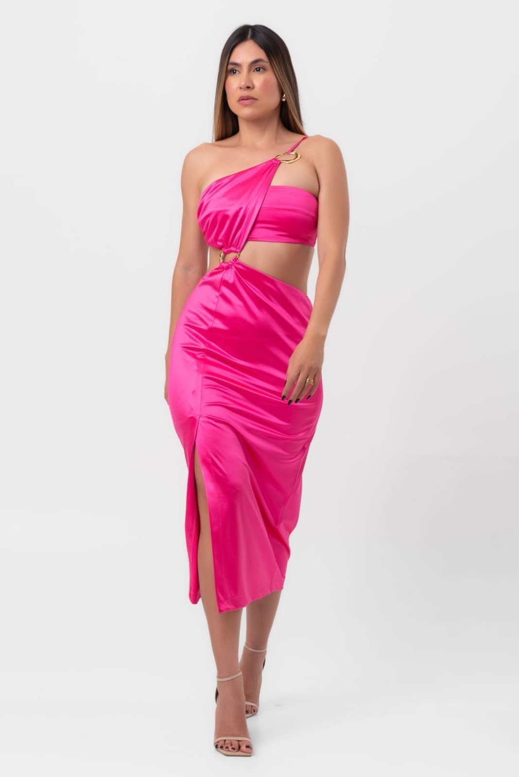 Vestido satin midi argolas e recortes vazados rosa labrava