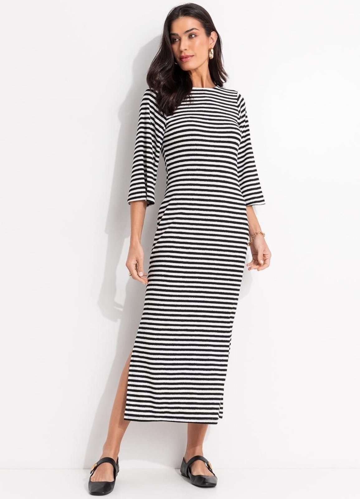 Vestido Em Meia Malha Listrado Preto E Branco Quintess