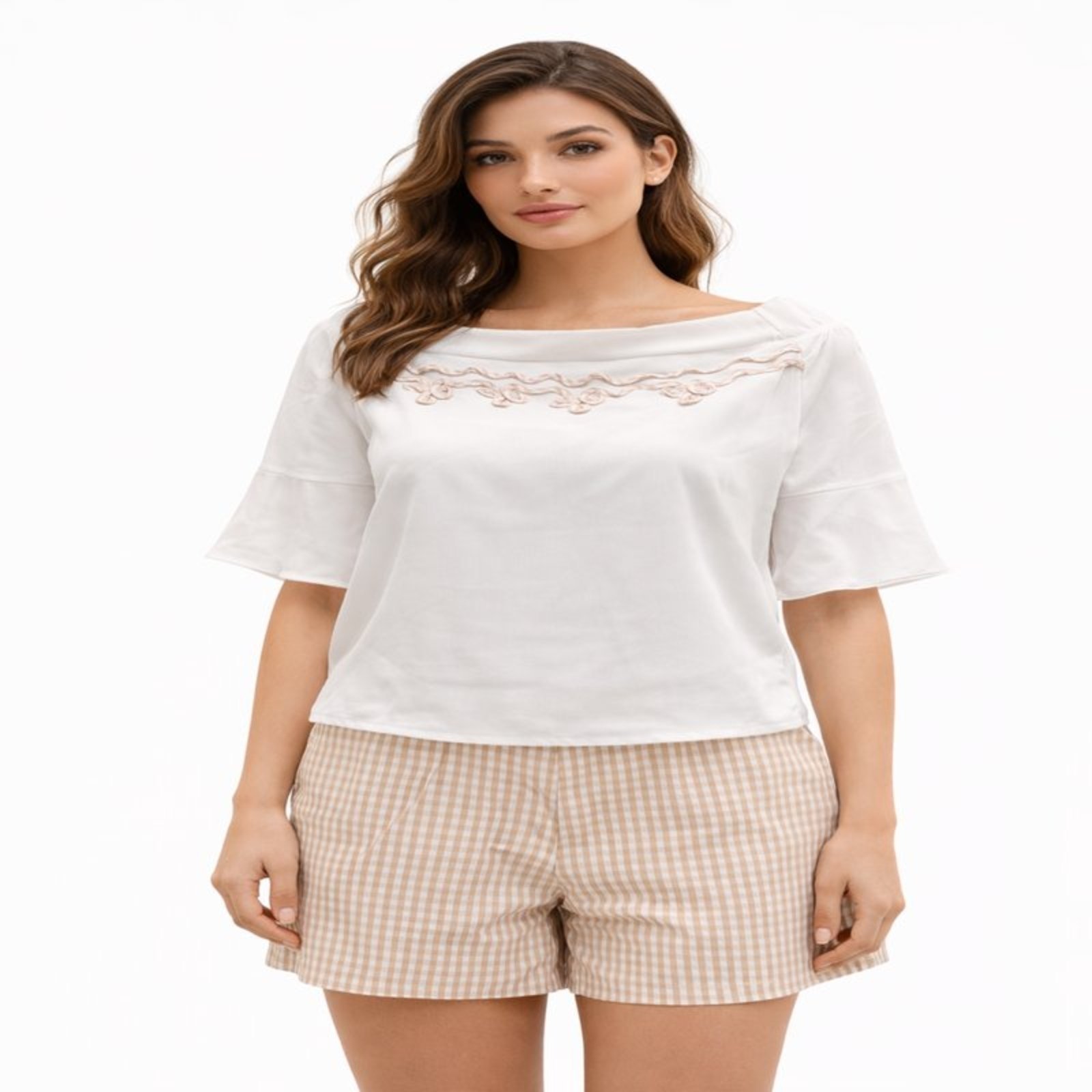 Vista 2 Conjunto Feminino Blusa e Shorts Bordado Manga Sino Summer Body cinza/off-white Summer Body cinza/off-white