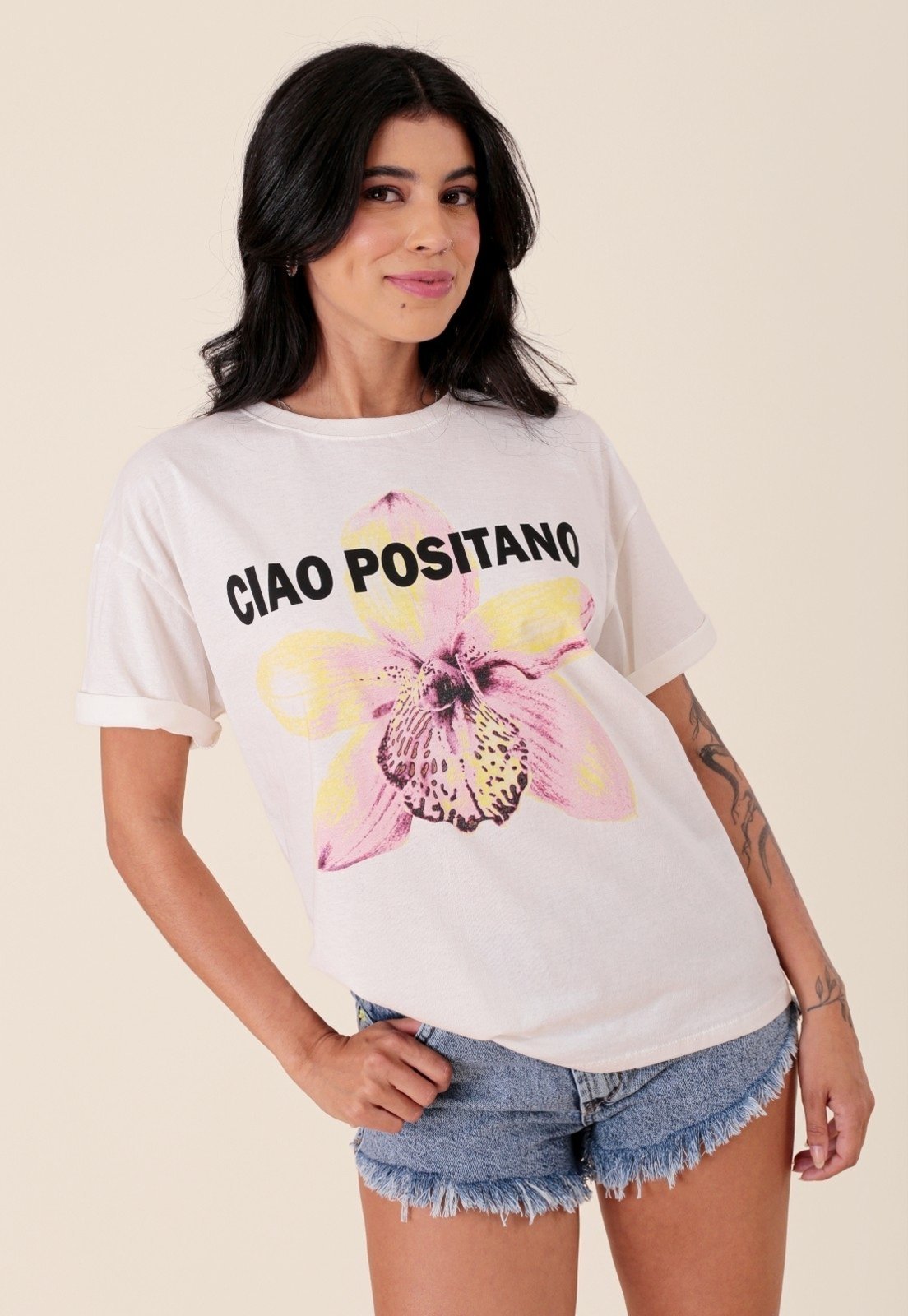 Vista 2 T-Shirt Pop Me Em Algodão Manga Curta Ciao Positano Off-White off-white white Pop Me off-white white