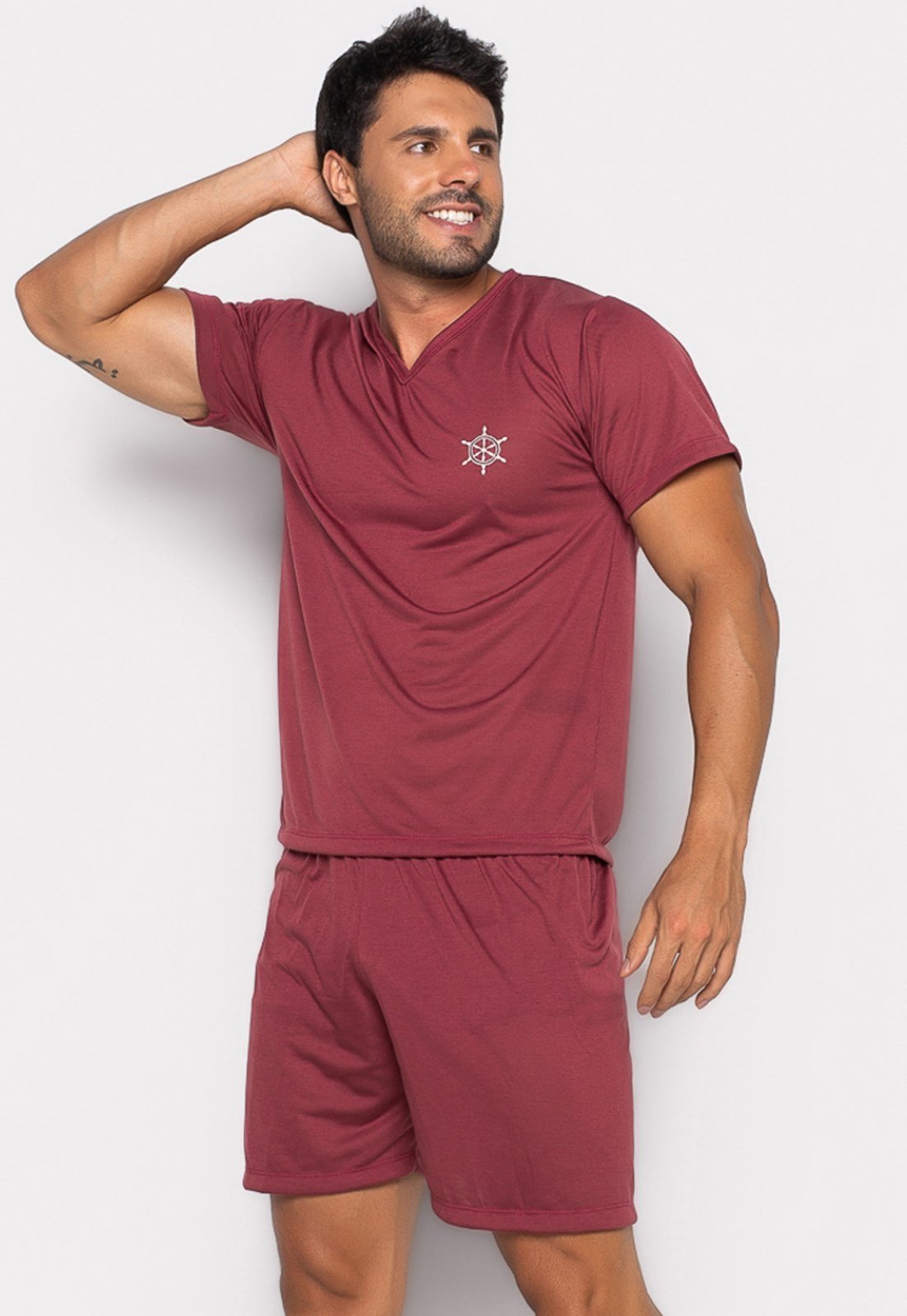 Pijama Mood Modas Masculino Adulto Curto Verão Manga Curta E Short 008 Vinho