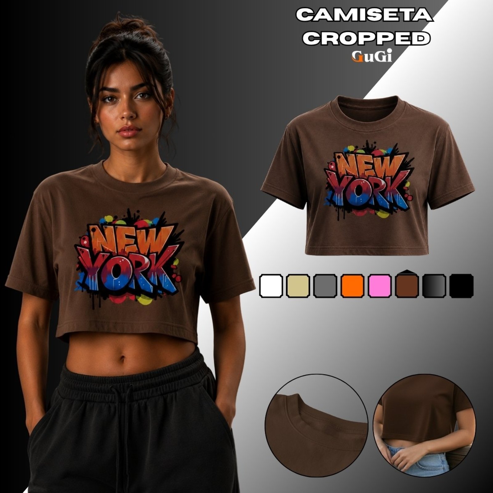 Camiseta Cropped Feminina Estampada Grafitti New York 100% Algodão Marrom