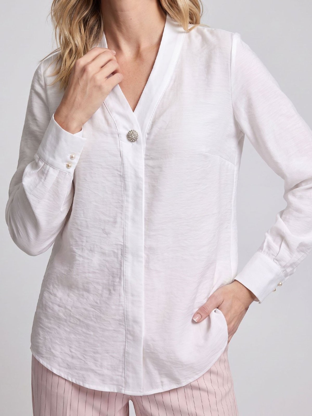 Blusa Social Feminina Alfaiataria Manga Longa Off White