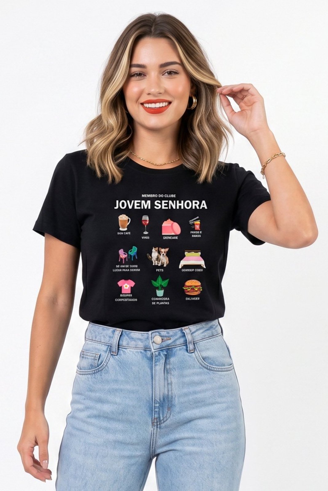 Camiseta Feminina Cianitas Preta Estampa Jovem Senhora