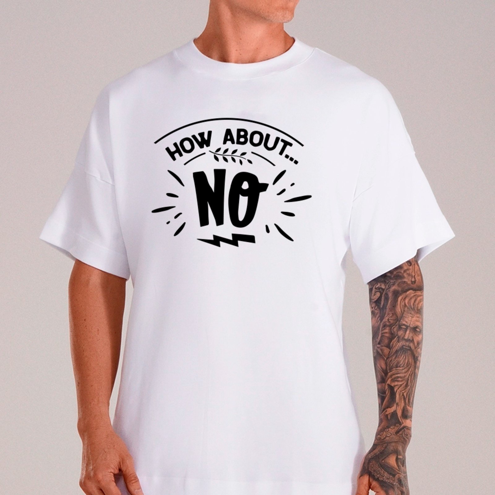Vista 2 Camiseta Ousy Básica Frase How About No Humor Irônico Unissex branco ousy branco