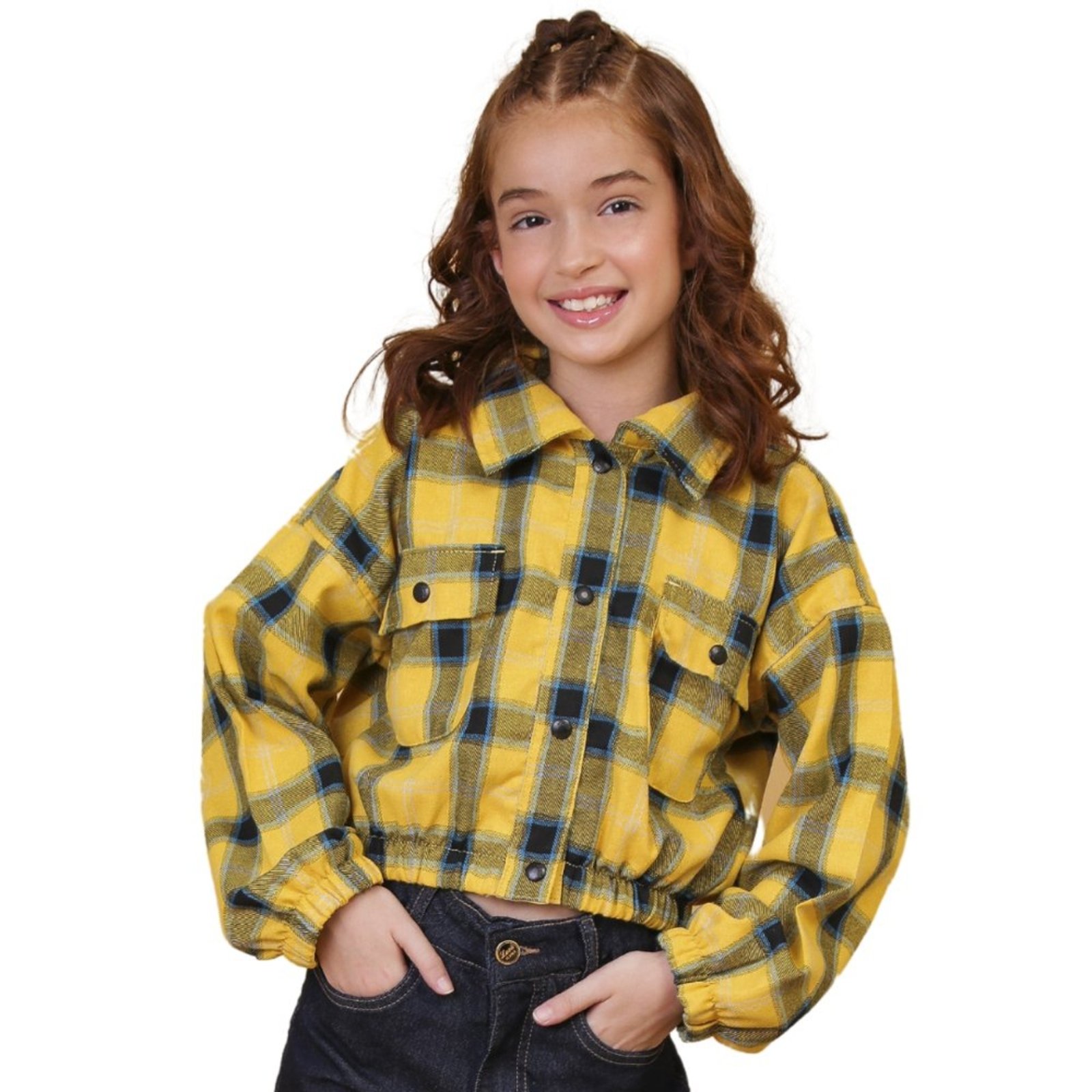 Infantil - Jaqueta Juvenil Look Jeans Flanela Xadrez Amarelo